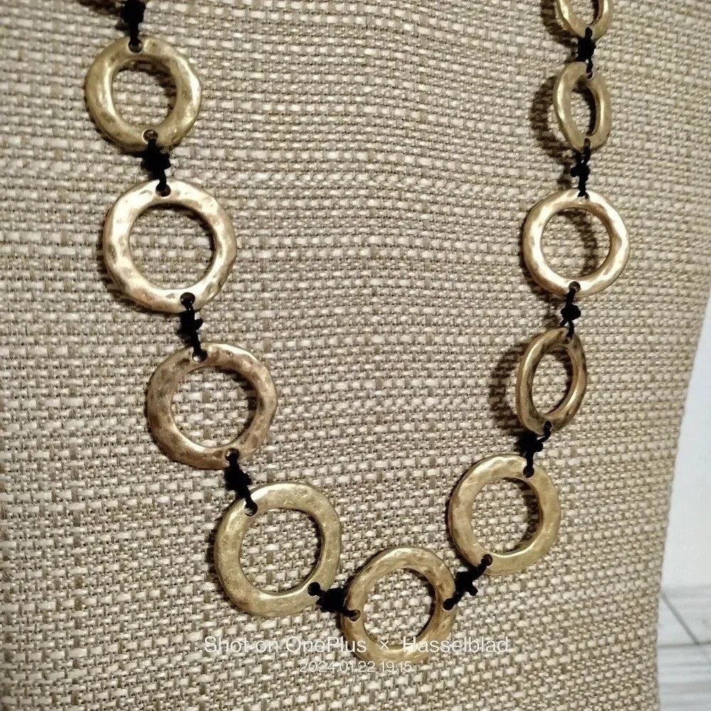 18" Gold Tone Fashion Hammered Pendants Black Coded Necklace